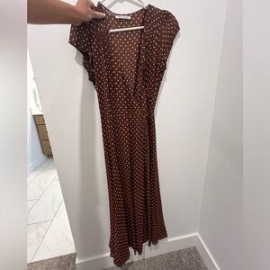 Reformation brown and white polka dot maxi wrap dress